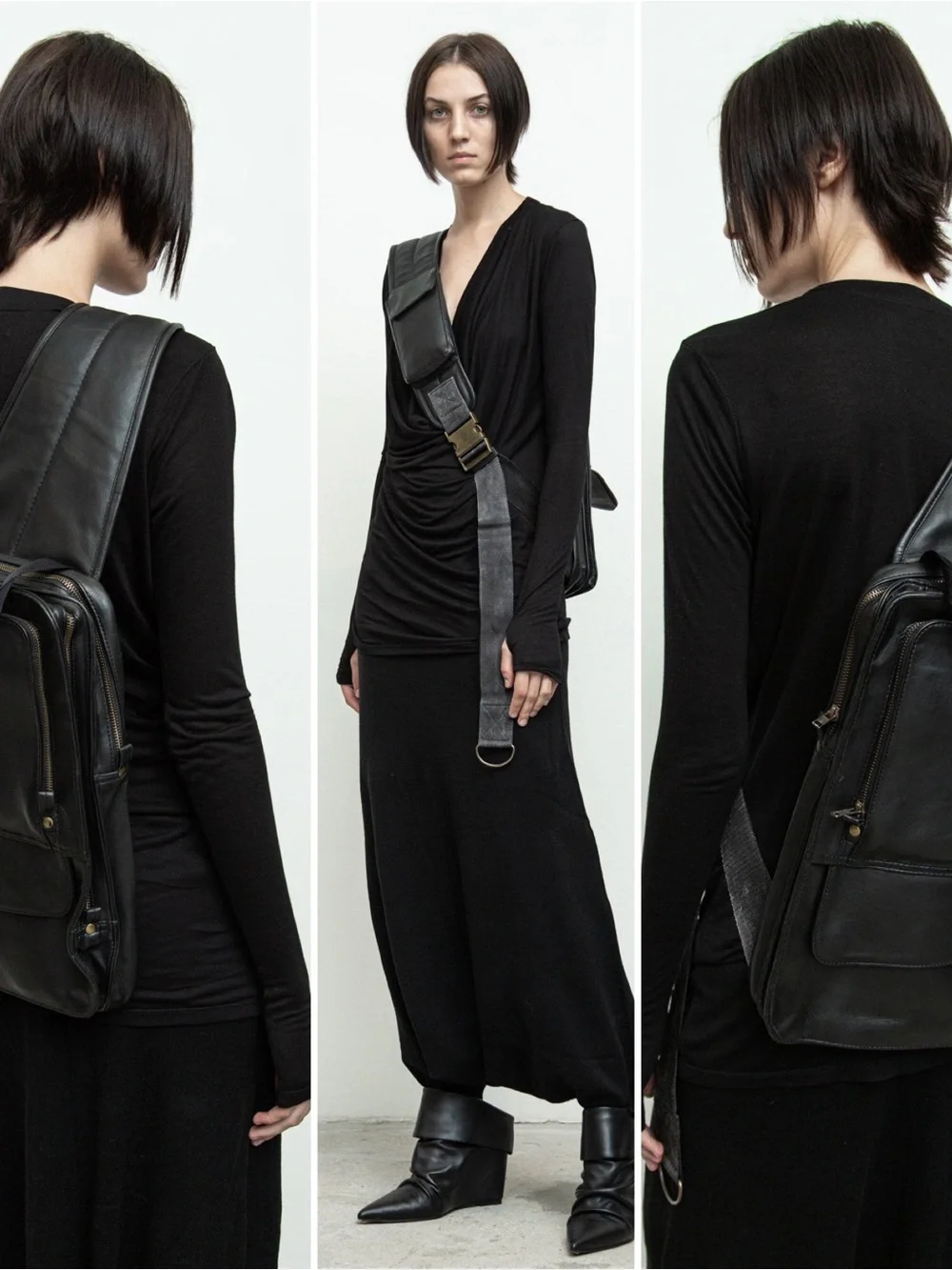 Nicholas K Black Leather Sling Pack One Strap Backpack Utilitarian Avant Garde